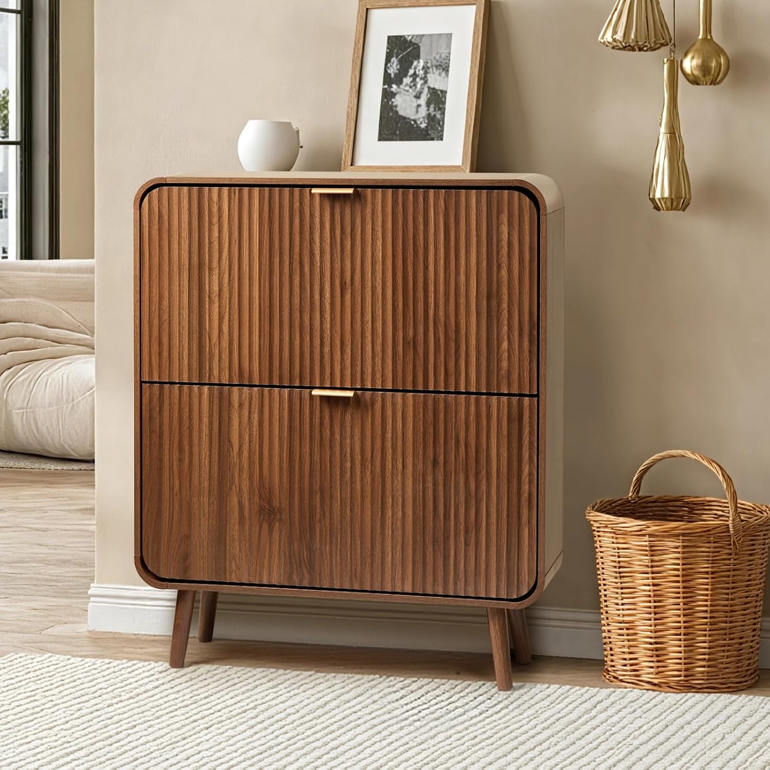 Shoe Rack Cabinet Narrow Entryway - Lemari Sepatu Bergaris dengan 2 Laci