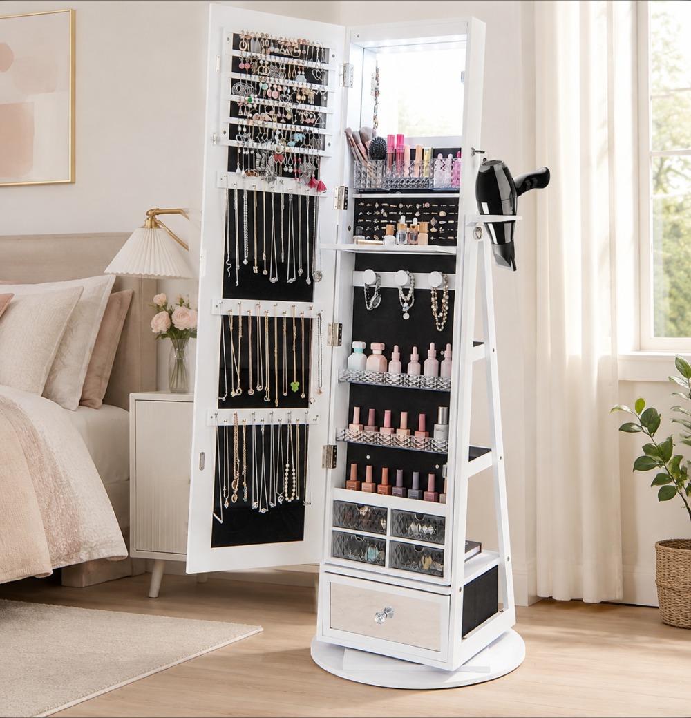 360 °   Lemari Perhiasan Putar - Full Length Mirror Jewelry Armoire ulasan dan harga