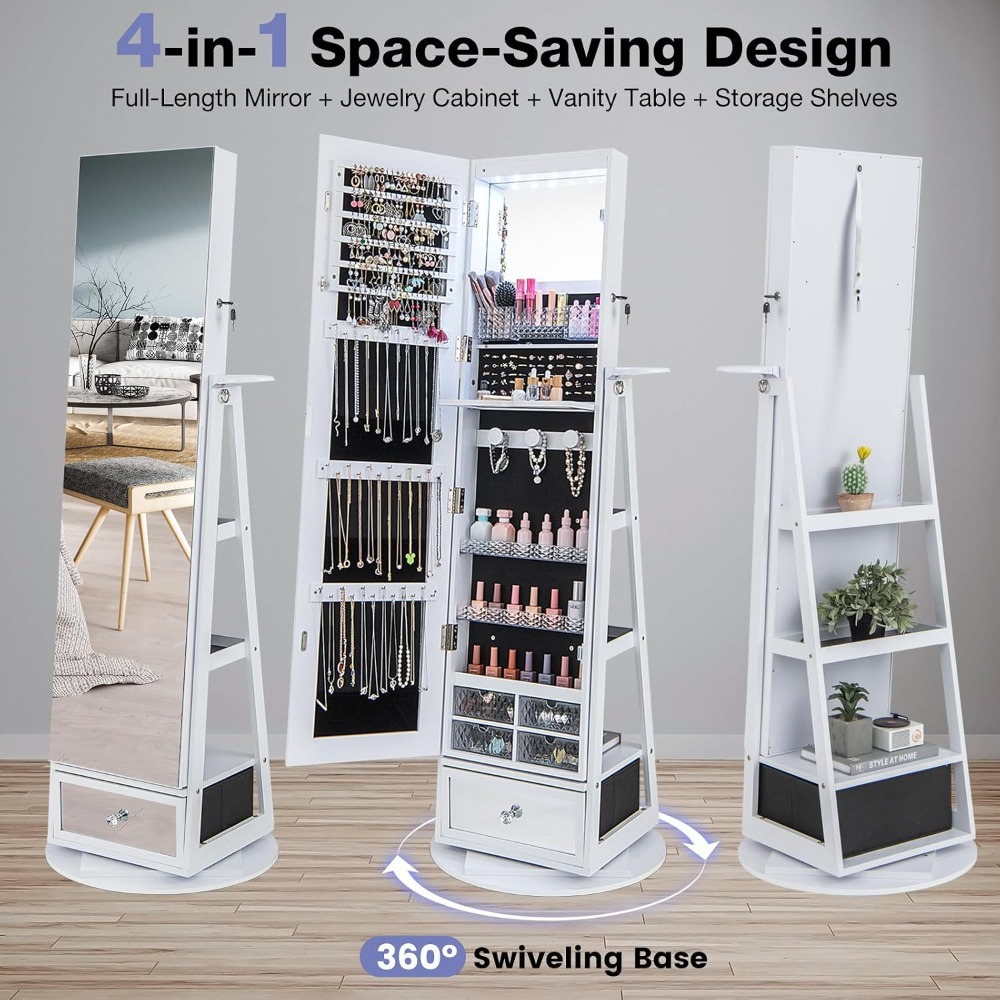 360 °   Lemari Perhiasan Putar - Full Length Mirror Jewelry Armoire ulasan dan harga