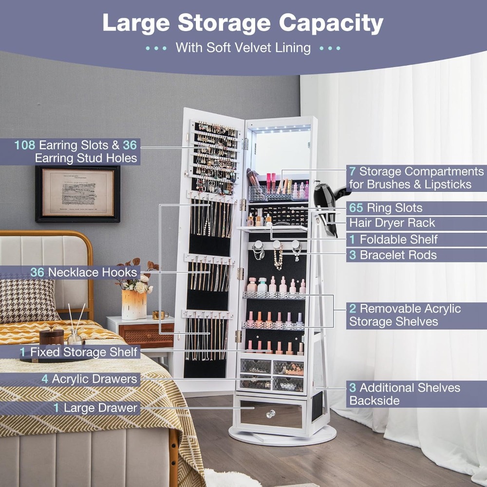 360 °   Lemari Perhiasan Putar - Full Length Mirror Jewelry Armoire ulasan dan harga
