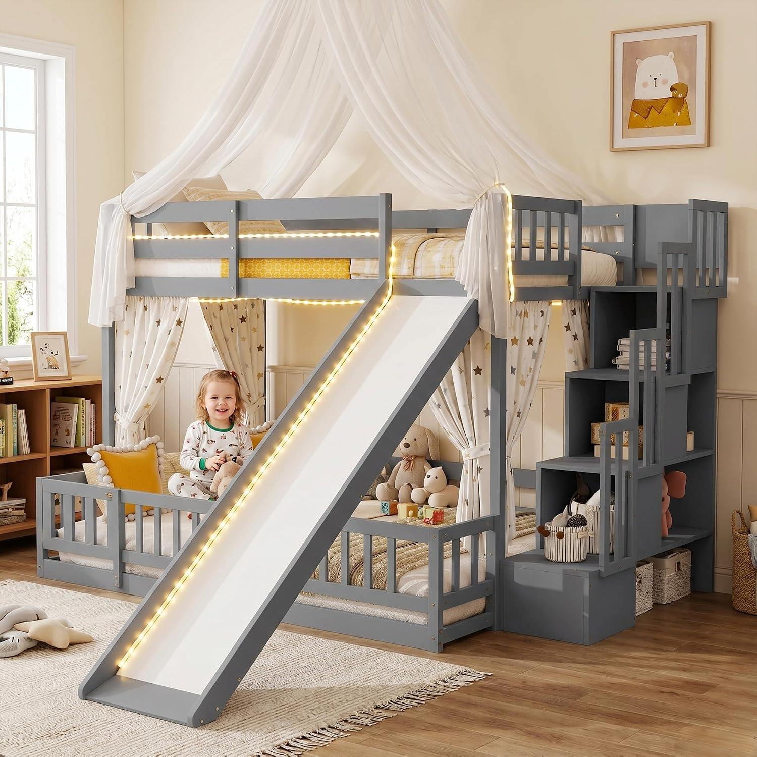 Tempat Tidur Susun Model Twin  - Bunk Bed With Stairs And Slide ulasan dan harga